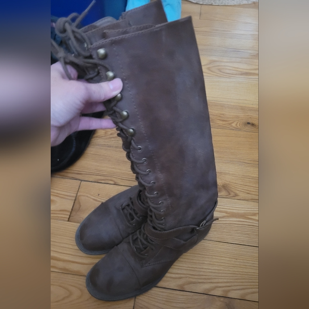 Brown Lace-Up Knee-High Boots